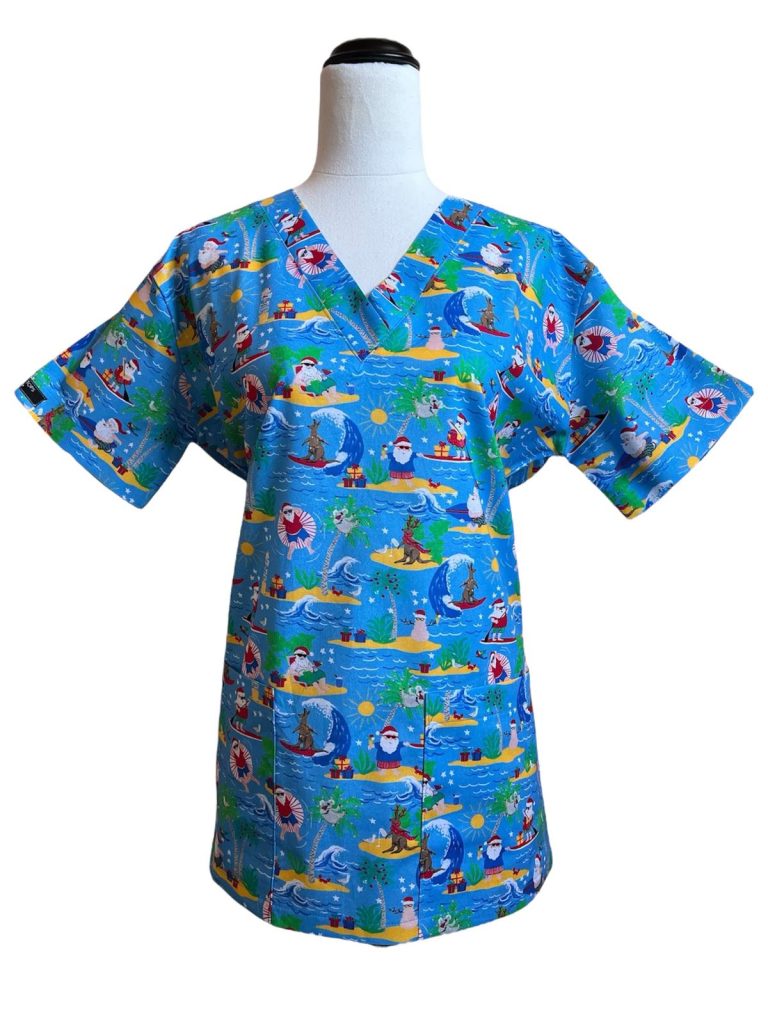 Aussie Surfing Santa Blue Scrubtop