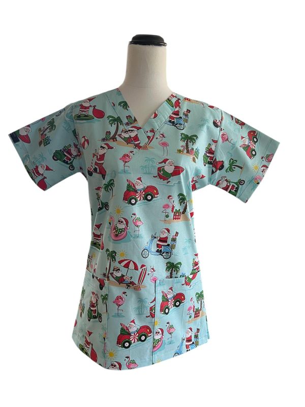 Aussie Surfing Santa Light Blue Scrubtop
