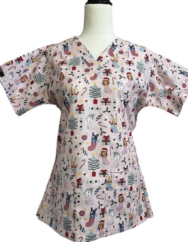 Dog Christmas Pink Scrubtop